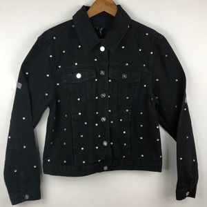 Distressed Jean Denim Embellished Trucker Jacket M